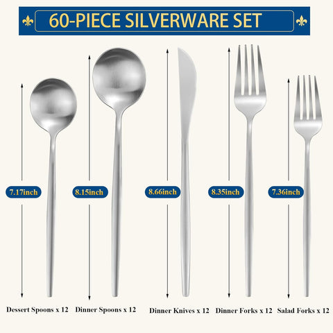 Image of Silverware Set for 12, 60 Piece Flatware Set, Cutlery Tableware Set Include Spoons and Forks Set, Stainless Steel Utensil Set, Matte Polished Finish, Dishwasher Safe