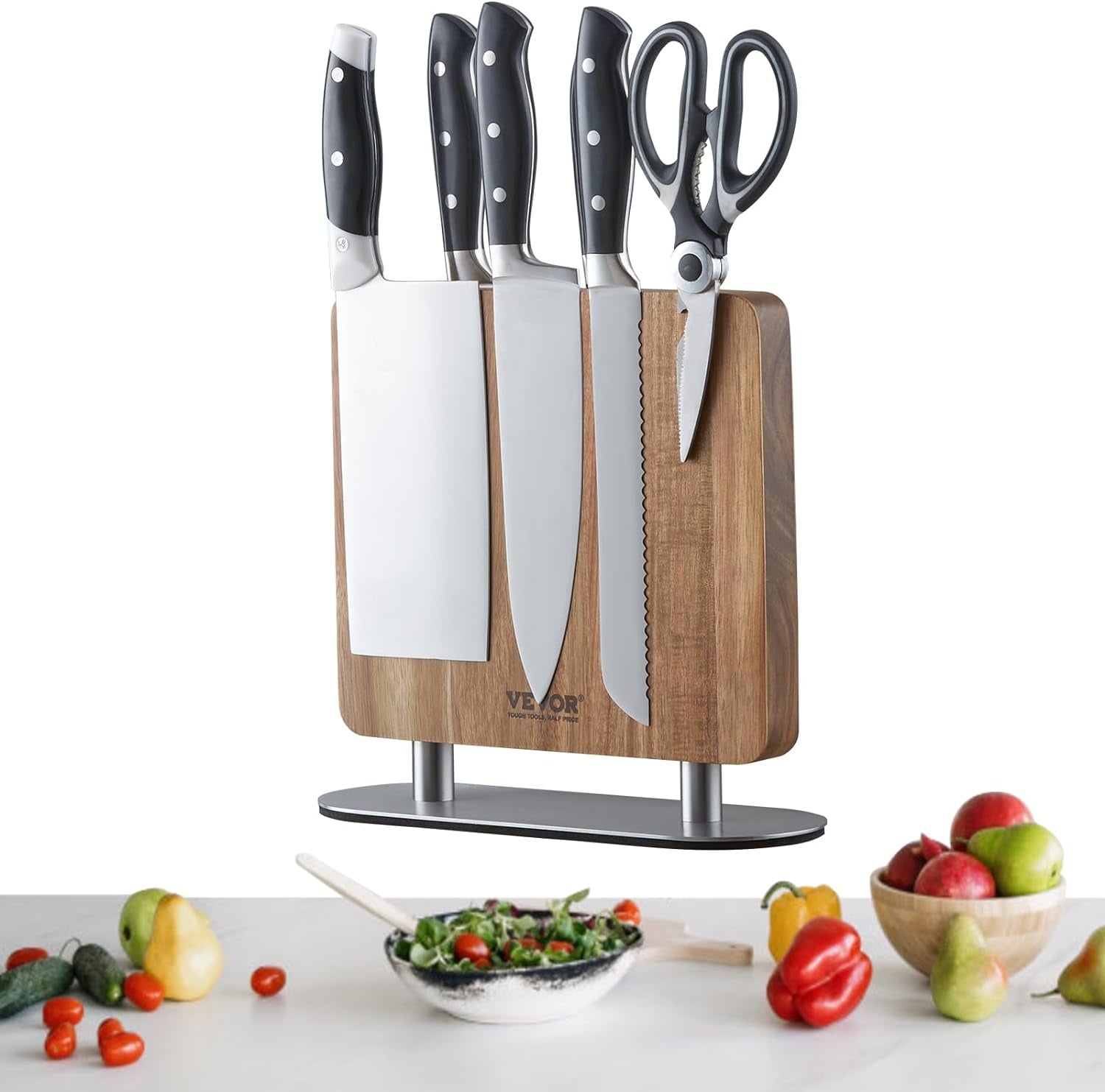 Magnetic Knife Block, 10 Inch Home Kitchen Knife Holder, Double Sided Magnetic Knife Stand, Multifunctional Storage Acacia Wood Knives Rack, Cutlery Display Organizer for Knives, Utensils, Tools