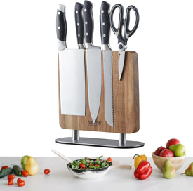 Magnetic Knife Block, 10 Inch Home Kitchen Knife Holder, Double Sided Magnetic Knife Stand, Multifunctional Storage Acacia Wood Knives Rack, Cutlery Display Organizer for Knives, Utensils, Tools