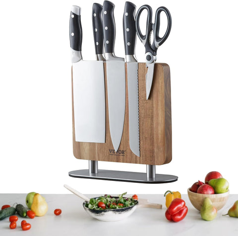 Image of Magnetic Knife Block, 10 Inch Home Kitchen Knife Holder, Double Sided Magnetic Knife Stand, Multifunctional Storage Acacia Wood Knives Rack, Cutlery Display Organizer for Knives, Utensils, Tools