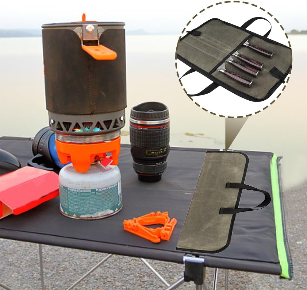 Knife Bag, Chefs Knife Roll Bag, Durable Waxed Canvas Knife Bag with Zipper Pocket, Portable Chefs Knife Cases Cutlery Knives Holders Protectors, Knife Roll for Knives & Kitchen Tools(Green)