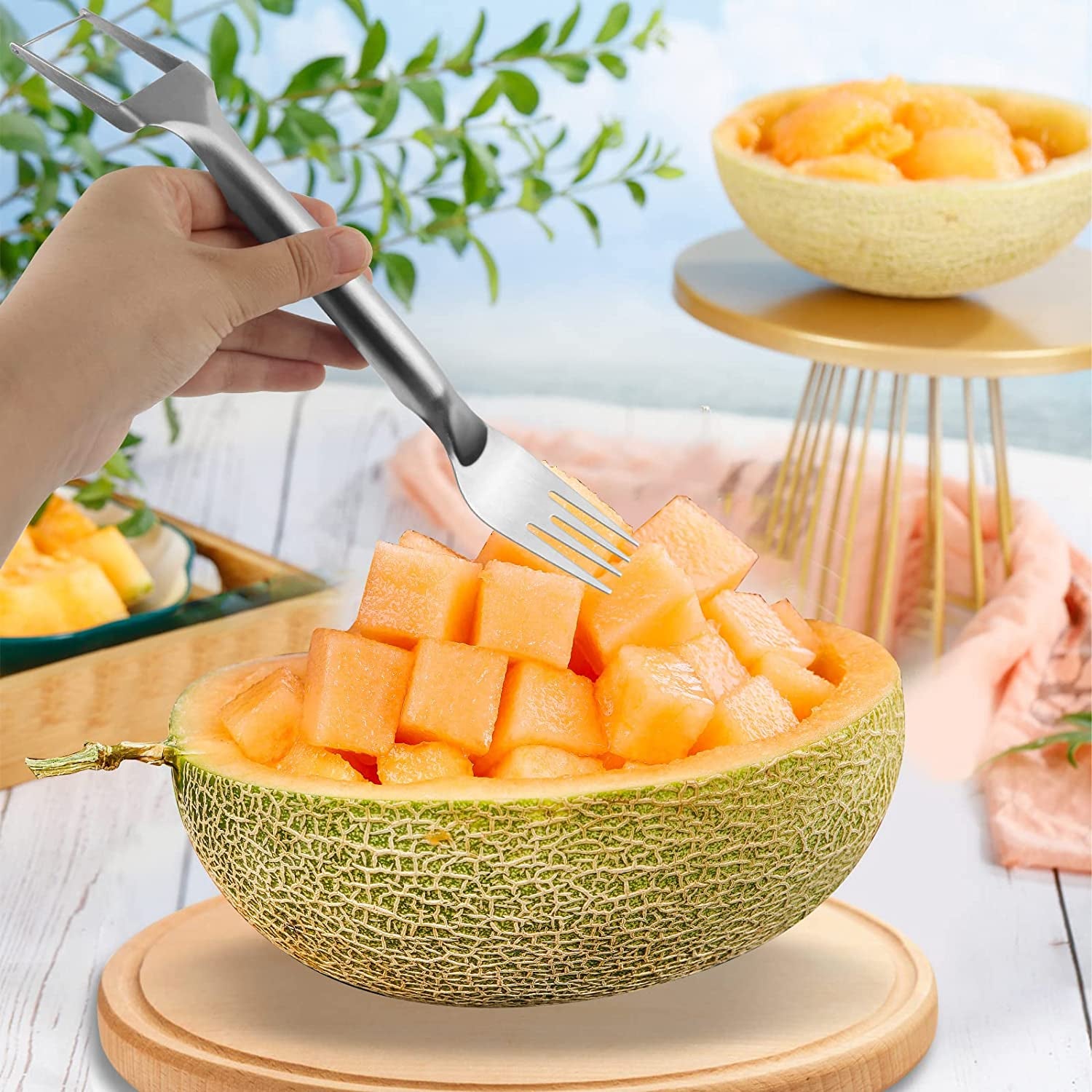 2Pcs 2-In-1 Watermelon Fork Slicer, Watermelon Slicer Cutter Stainless Steel Fruit Forks Slicer Tool for Summer Family Parties Camping Watermelon Cutting Artifact