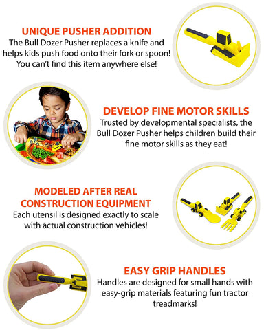 Image of - Toddler Utensils Made in USA - Construction Silverware for Toddlers - Construction Utensils for Kids - Construction Eating Set with Excavator Fork and Spoon - Constructive Eats