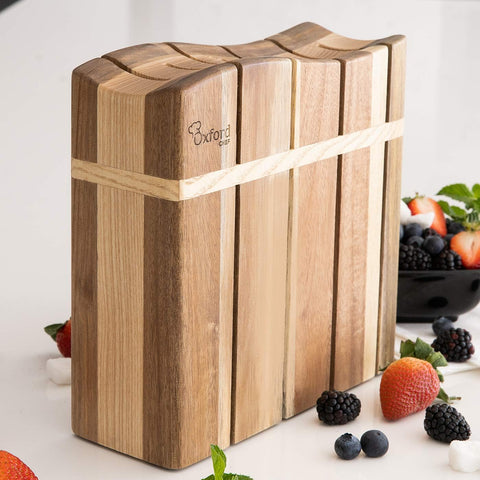 Image of Wooden Kitchen Knife Block - Luxury Hand-Crafted Acacia Wood 8 Slot Storage Block. Can Hold 8 Knives up to 9" Long. Non-Skid, Non-Scratch Rubber Feet