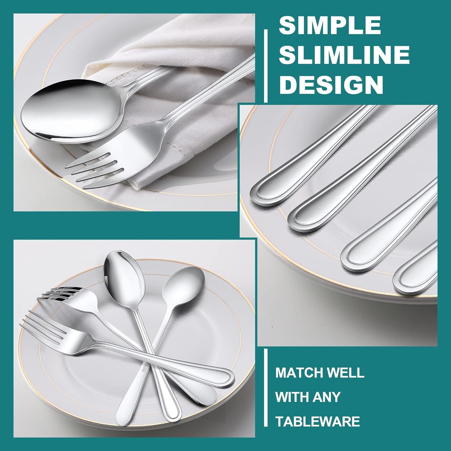 16-Piece Spoons and Forks Set,  Stainless Steel Slimline 8 Dinner Forks and 8 Dinner Spoons, Modern Metal Silverware Flatware Cutlery for Kitchen and Restaurant, Dishwasher Safe-7.9 Inch