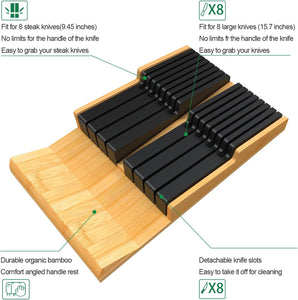 In-Drawer Knife Block Set without Knives, Kitchen Black Knife Holder Organizer, Drawer Steak Knife Block with Detachable Knife Slots, Large Knife Storage Rack for 16 Knives and Sharpener Rod