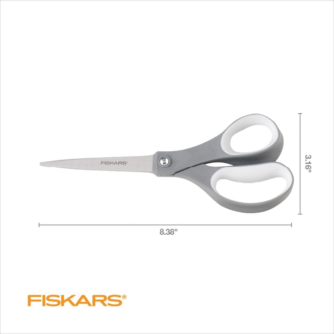 Softgrip Contoured Performance Scissors All Purpose - Stainless Steel - 8" - Straight Paper and Fabric Scissors for Office, and Arts and Crafts - Grey