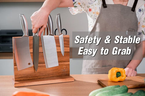 Image of Magnetic Knife Block Home Kitchen Multi-Functional Knife Storage Waterproof Acacia Wood Holder Rack