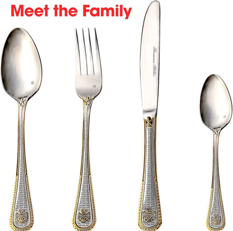 Image of Royal Family Collection 72 Piece Fine Flatware Silverware Set with Gift Carrying Case, Elegant Design, Serves Parties 12 People, Perfect Housewarming Graduation for Loved Ones, Gold