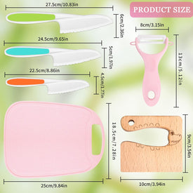 6Pcs Kids Kitchen Knife Set, Wooden Kids Knives, Plastic Kids Kitchen Knives with Crinkle Cutte, Peeler and Cutting Board, Nylon Toddler Cooking Knives for Salad, Fruits,Cake, Bread