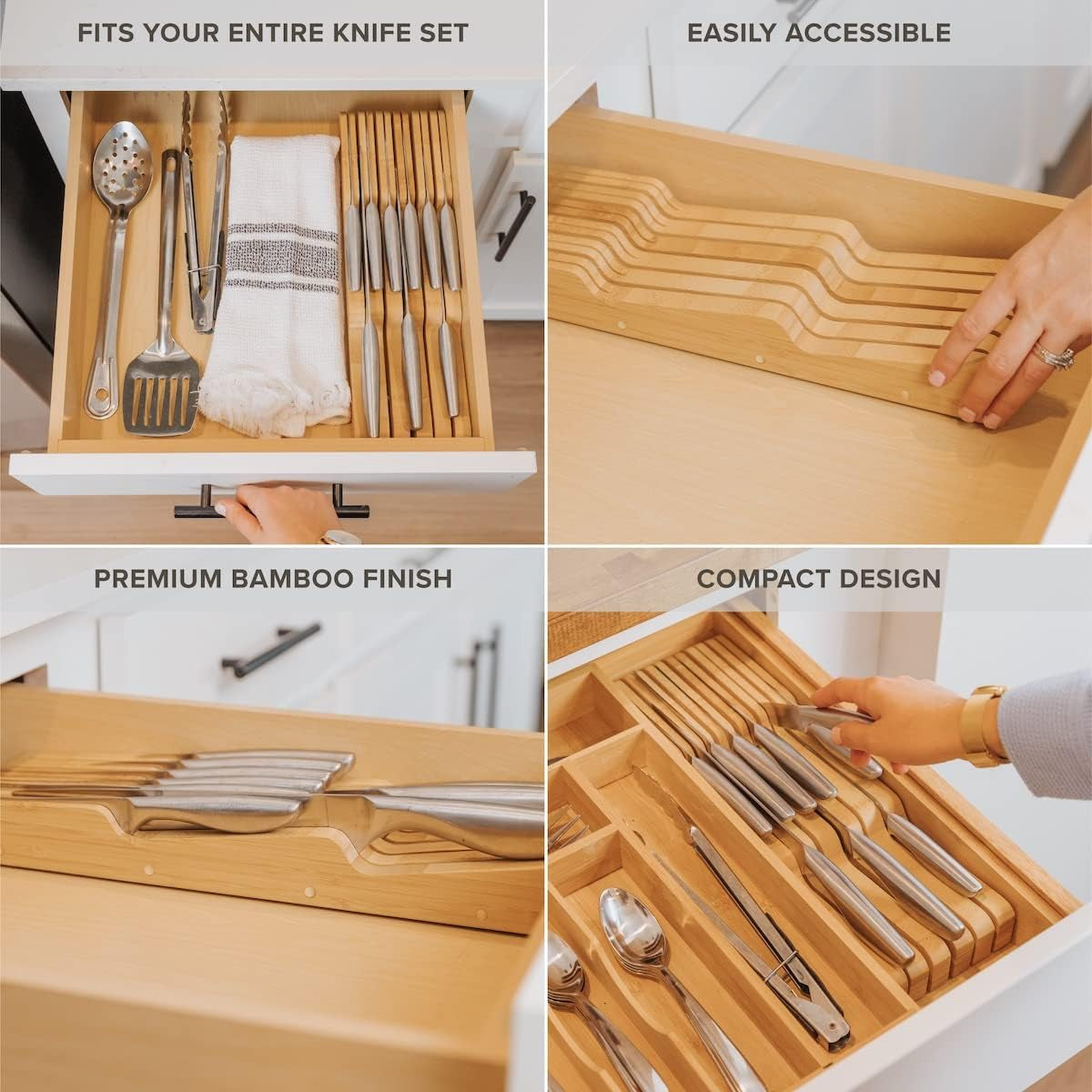 Bamboo Kitchen Knife Block Holder Organizer - Holds 5 Long + 6 Short Knives (Not Included), Fits Most Knife Sizes, Rubber Feet, Sustainable Bamboo, In-Drawer Design