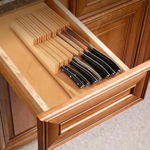 Image of In-Drawer Knife Block, Beech Wood Cutter Storage Holder Home Kitchen Drawer Knife Organizer Insert 15 Slots