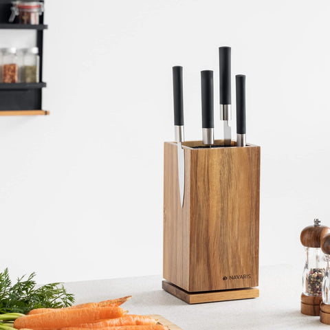 Image of Rotating Wood Knife Block - Magnetic Universal Holder without Knives - Kitchen Storage with Plastic Bristles and Magnetic Sides - Acacia