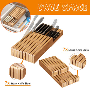 In-Drawer Bamboo Knife Block,Drawer Knife Storage Steak Knife Holder without Knives,Holds up to 7 Knives(Not Include)