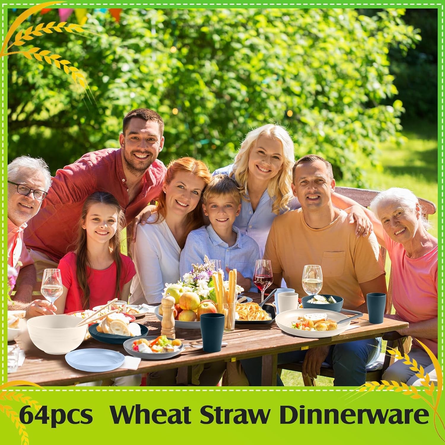 64 Pcs Wheat Straw Dinnerware Sets Unbreakable Plastic Plates Lightweight Bowls Dishes Cups Knives Forks Spoons Cutlery Dishwasher Microwave Safe for Camping Picnic Kid Adult (Classic Colors)