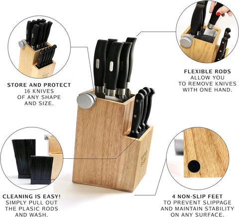 Image of Bamboo Universal Knife Block - Knife Holder with 2 Built-In Knife Sharpeners - 2-Tiered Modern Knife Storage up to 16 Large and Small Knives Easy Clean Wooden Knife Organizer by