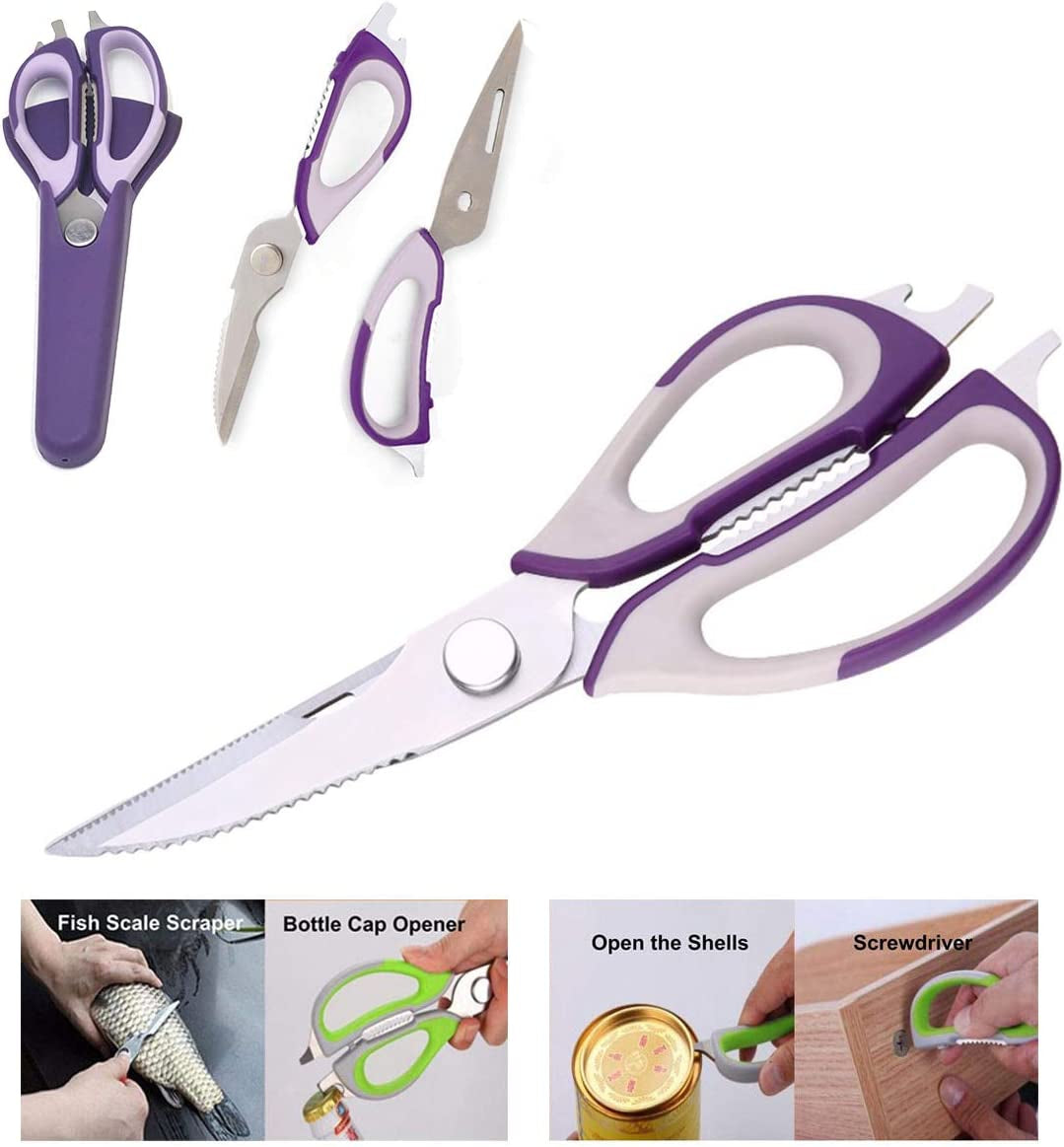 Multifunction Kitchen Food Scissors, Detachable Stainless Steel Heavy Duty Culinary Scissors, 7-In-1 Household Shears with Magnetic Holder, for Cut Poultry Meat Bone Vegetables Fruit Seafood (Purple)