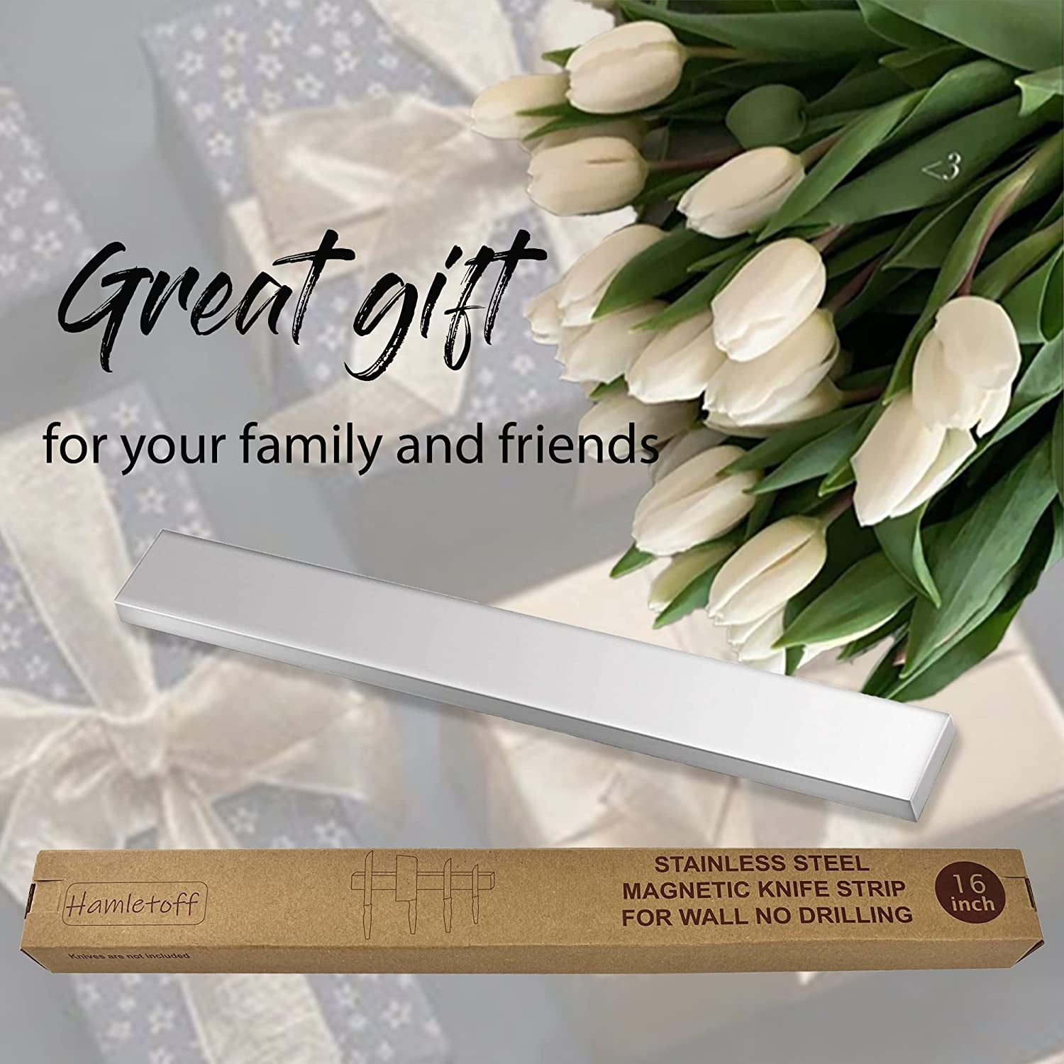 Magnetic Knife Holder for Wall No Drilling – 16 Inch Stainless Steel Magnetic Knife Holder Self Adhesive - Kitchen Magnetic Knife Strip with Adhesive Sticker