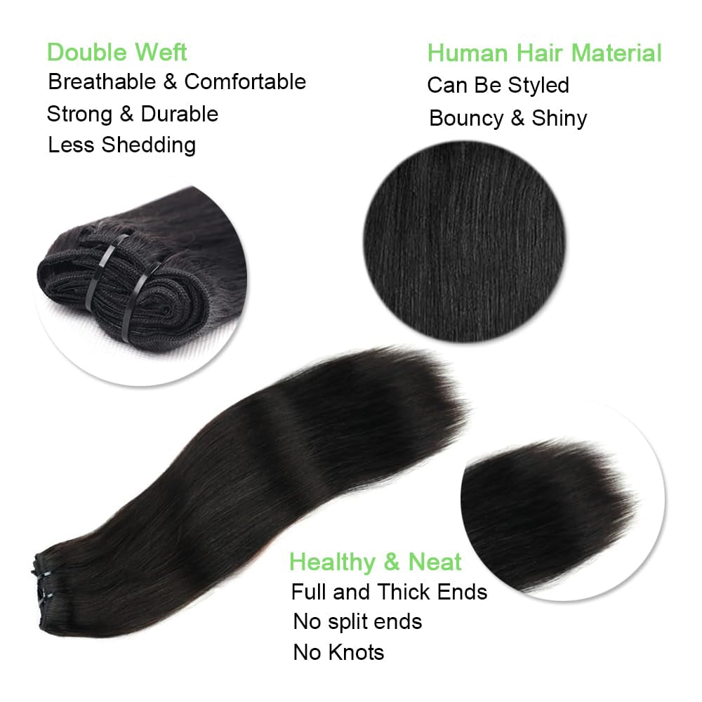Clip in Hair Extensions Real Human Hair 120G Straight Human Hair Clip in Extensions for Black Women Remy Hair Double Weft 8Pcs with 20 Clips 16Inch Natural Black Color