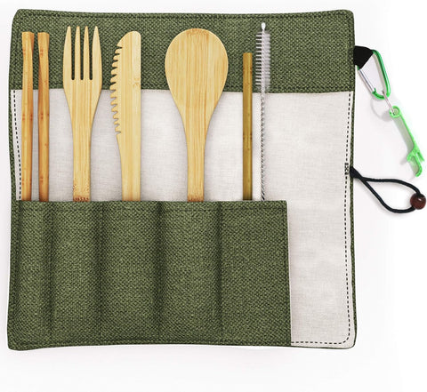 Image of 9-Piece Bamboo Utensil Set – Reusable Cutlery Travel Set – Portable Bamboo Flatware for Kids & Adults – Bamboo Fork, Knife, Spoon, Chopsticks – Comes in a Well-Designed Washable Case