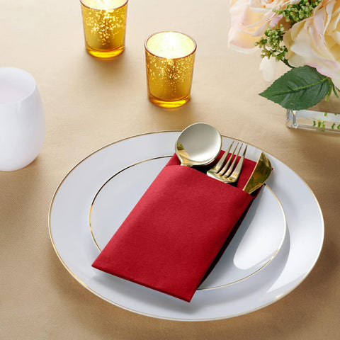 Image of Disposable Linen-Feel Dinner Napkins with Built-In Flatware Pocket, 50-Pack BRIGHT RED Prefolded Cloth like Paper Napkins for Dinner, Wedding or Party [Silverware NOT Included]