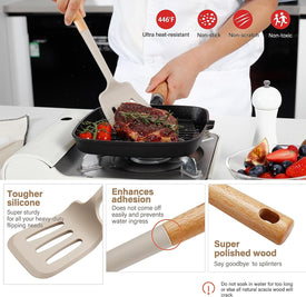 Kitchen Utensils Set, Large Non-Stick Silicone Cooking Utensils Set 6 Pcs, Wooden Handle Heat Resistance Silicone Spatula Soup Ladle Pasta Server Kitchen Gadgets Utensils Set BPA Free (Khaki)