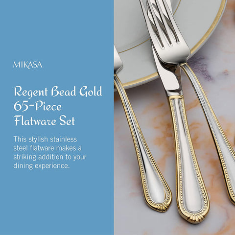 Image of Regent Bead Gold 65-Piece Stainless Steel Flatware Set, Service for 12