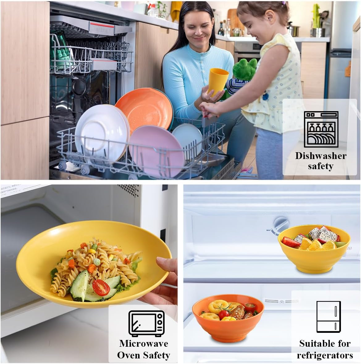 Plastic Dinnerware Set 28 Piece, Reusable Light Weight Mugs, Bowls, Dishes, Knives, Forks, Spoons for Camping Picnics and Everyday Use, Dishwasher Safe (Mutil Color)