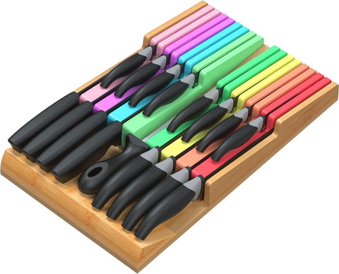 Image of In-Drawer Knife Block Set without Knives, Kitchen Colorful Drawer Steak Knife Holder Organizer, Detachable Cutlery Storage Rack for 16 Knives and 1 Sharpening Steel