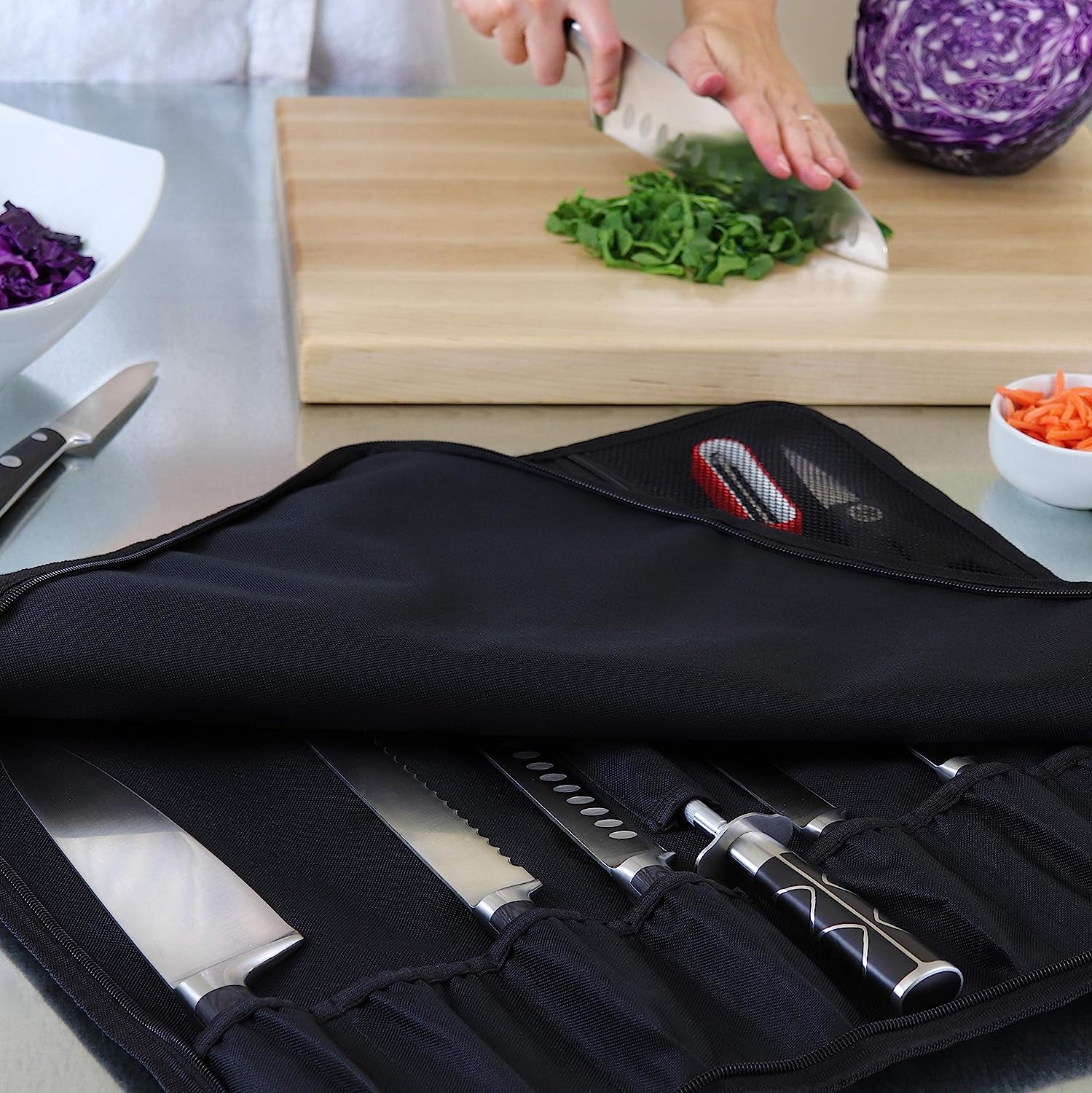 Chef Knife Bag (8+ Slots) Is Padded and Holds 8 Knives plus Your Meat Cleaver, Knife Hone, Utensils, and a Zipped Pouch for Tools. Durable Knives Carrier Also Includes a Name Card Holder. (Bag Only)