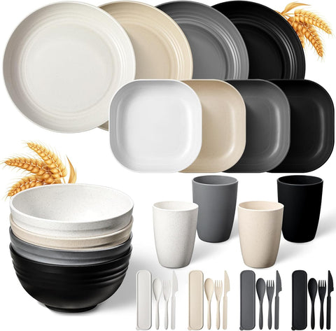 Image of Wheat Straw Dinnerware Sets Unbreakable Microwave Safe Plates and Bowls Plastic Lightweight Knives Forks Spoons for Kitchen Outdoor Camping Party Home (Classic Color,32 Pcs)