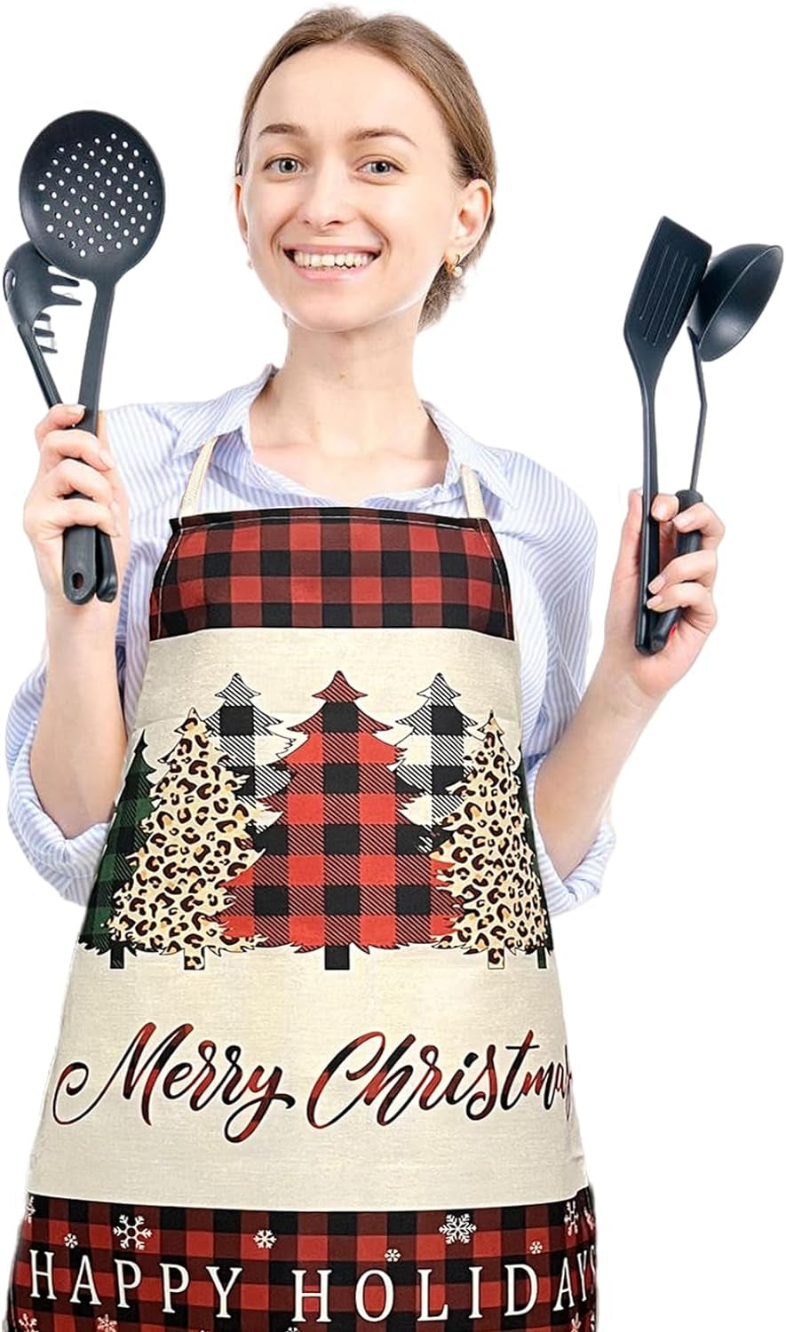 Christmas Aprons for Women Men Red Holiday Kitchen Cooking Apron Adults Buffalo Plaid Apron for Grilling Baking Gardening