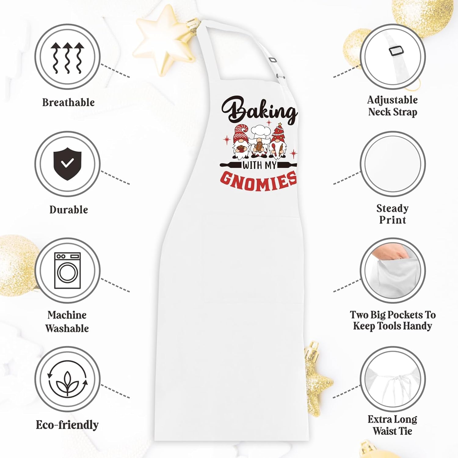 Gnome Apron, Baking with My Gnomies, Funny Christmas Baking Aprons, Cute Holiday Baking Gifts for Bakers, Gnome Kitchen Cooking Apron, White Elephant Gifts for Christmas Stocking Stuffers