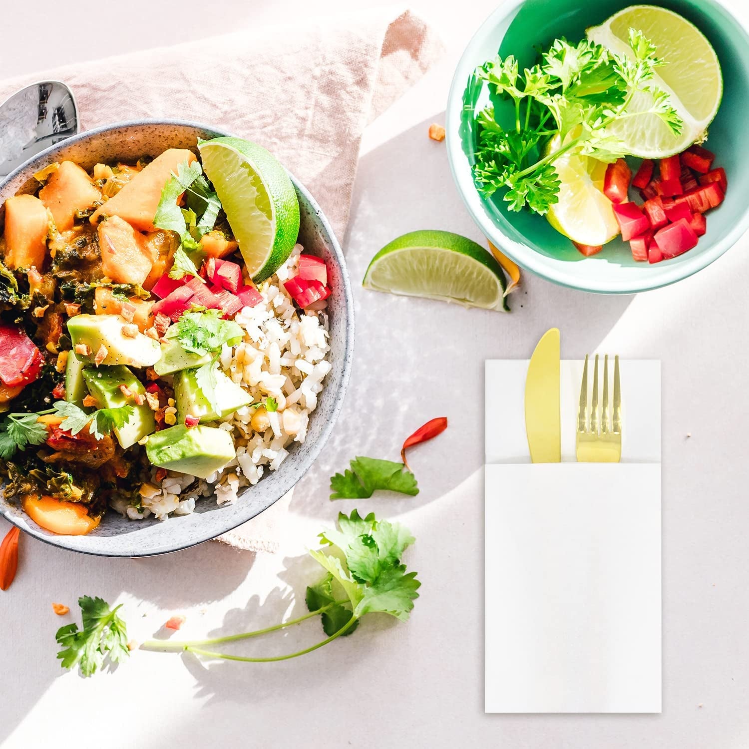 200 Pack  White Paper Napkins, Disposable Dinner Wedding Napkins for Reception, Built in Flatware Pocket Guest Towels