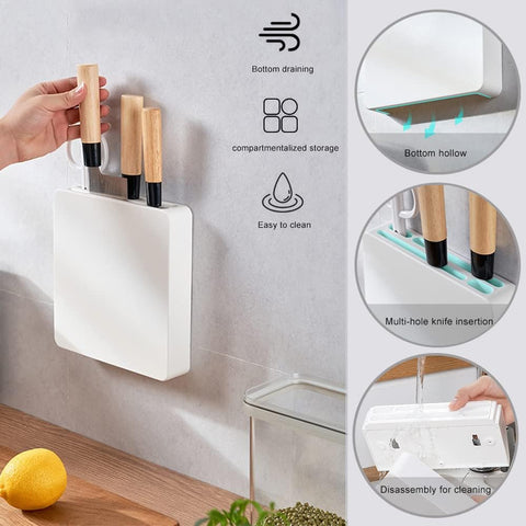 Image of Universal Knife Block with 4 Slots, Wall Mounted White Knife Holder, Kitchen Knife Storage Stand Organizer, Self-Adhesive Knife Blocks Insert, Removable for Easy Cleaning