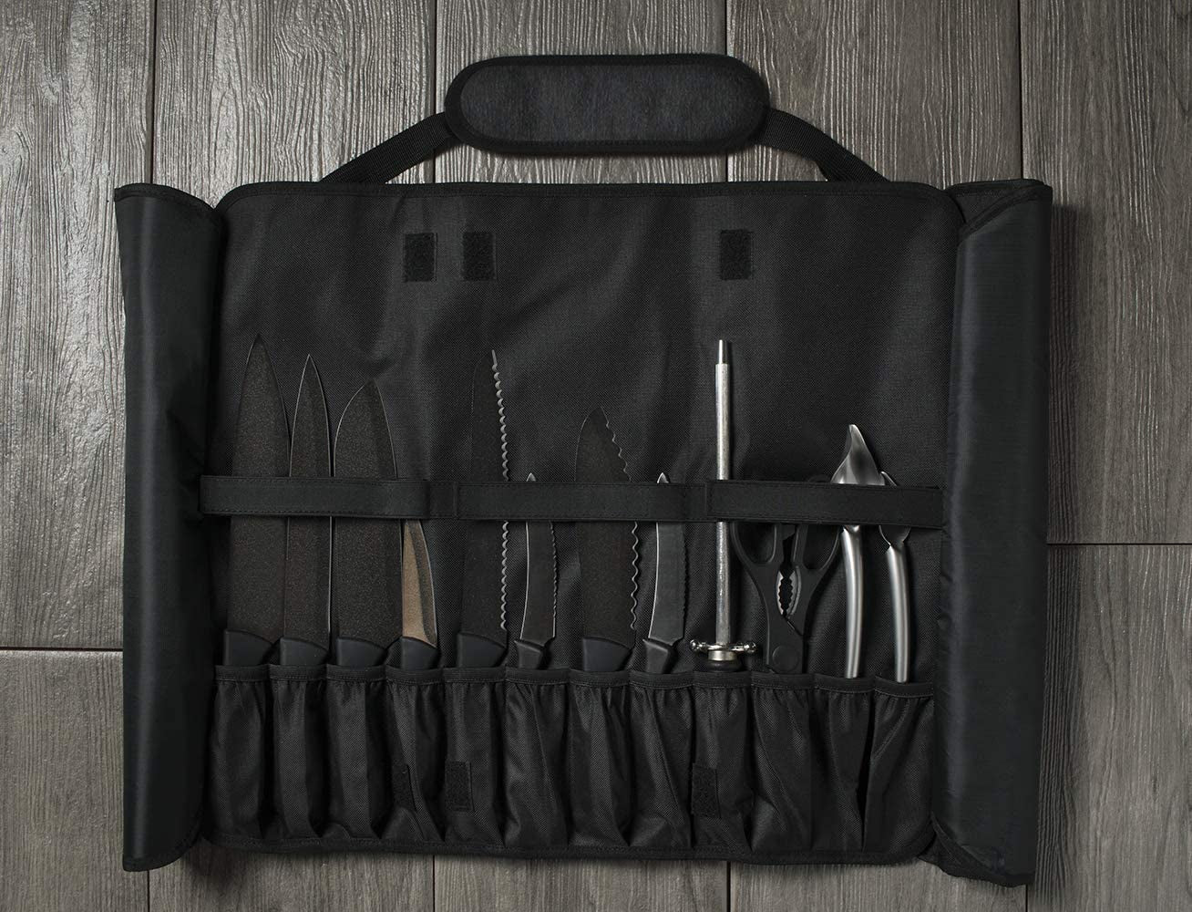 Chef Knife Roll Bag - 20 Total Pockets for Knives and Kitchen Utensils - Made with Stain Resistant Waxed Nylon - for Chefs and Culinary Students - Knives Not Included(Black)