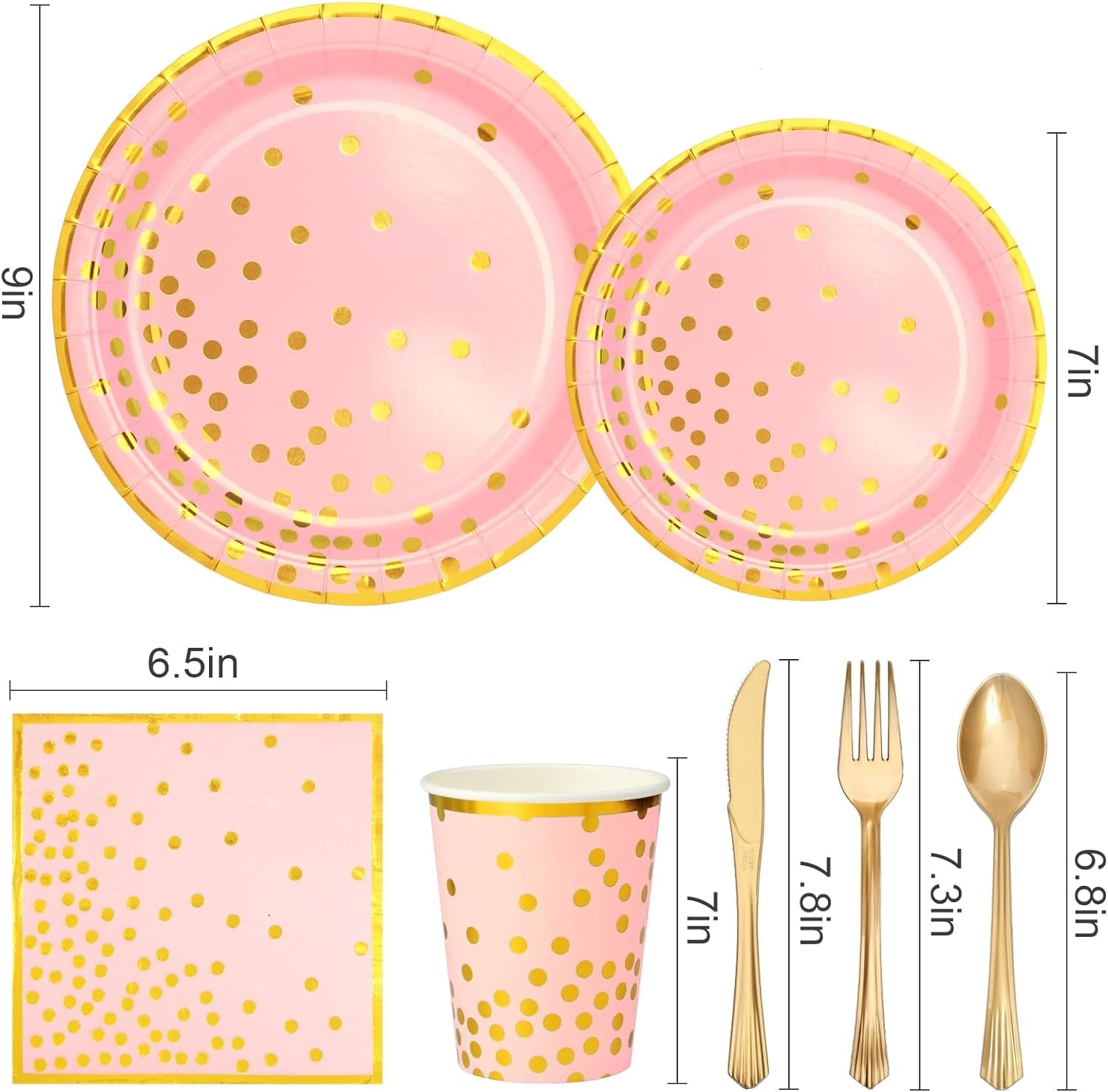 Pink Gold Paper Party Supplies,350Pcs Golden Dot Paper Tableware Serve 50,Include Paper Plates,Napkins,Cups,Forks,Knives,Spoons,For Baby Shower,Girls Birthday,Anniversary,Wedding