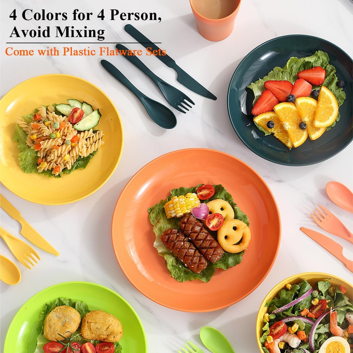 Plastic Dinnerware Set 28 Piece, Reusable Light Weight Mugs, Bowls, Dishes, Knives, Forks, Spoons for Camping Picnics and Everyday Use, Dishwasher Safe (Mutil Color)