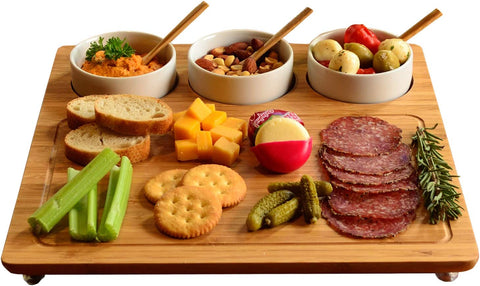 Image of Bamboo Cheese Board/Charcuterie Platter - Includes 3 Ceramic Bowls with Bamboo Spoons - 13" X 13" - Designed and Quality Checked in the USA