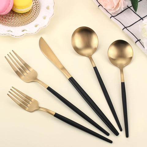 Image of Matte Gold Silverware Set with Black Handle,  Stainless Steel Flatware Cutlery Set Service for 4, 20-Piece Kitchen Utensil Set Include Spoons and Forks Set, Dishwasher Safe.