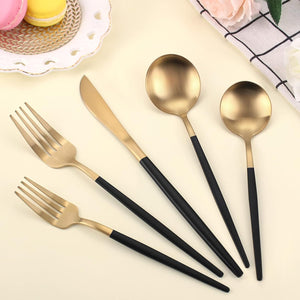 Matte Gold Silverware Set with Black Handle,  Stainless Steel Flatware Cutlery Set Service for 4, 20-Piece Kitchen Utensil Set Include Spoons and Forks Set, Dishwasher Safe.