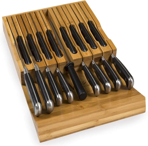 Image of In-Drawer Bamboo Knife Block Holds 16 Knives (Not Included) without Pointing up plus a Slot for Your Knife Sharpener!  Knife Organizer Made from Quality Moso Bamboo