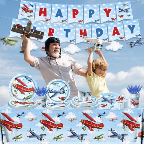 Image of 142Pcs Airplane Birthday Party Decorations Airplane Party Tableware Supplies Airplane Blue Sky White Disposable Plates,Tablecloth,Napkins,Cups,Banner Forks and Knives for Kids Favors Serve 20 Guests