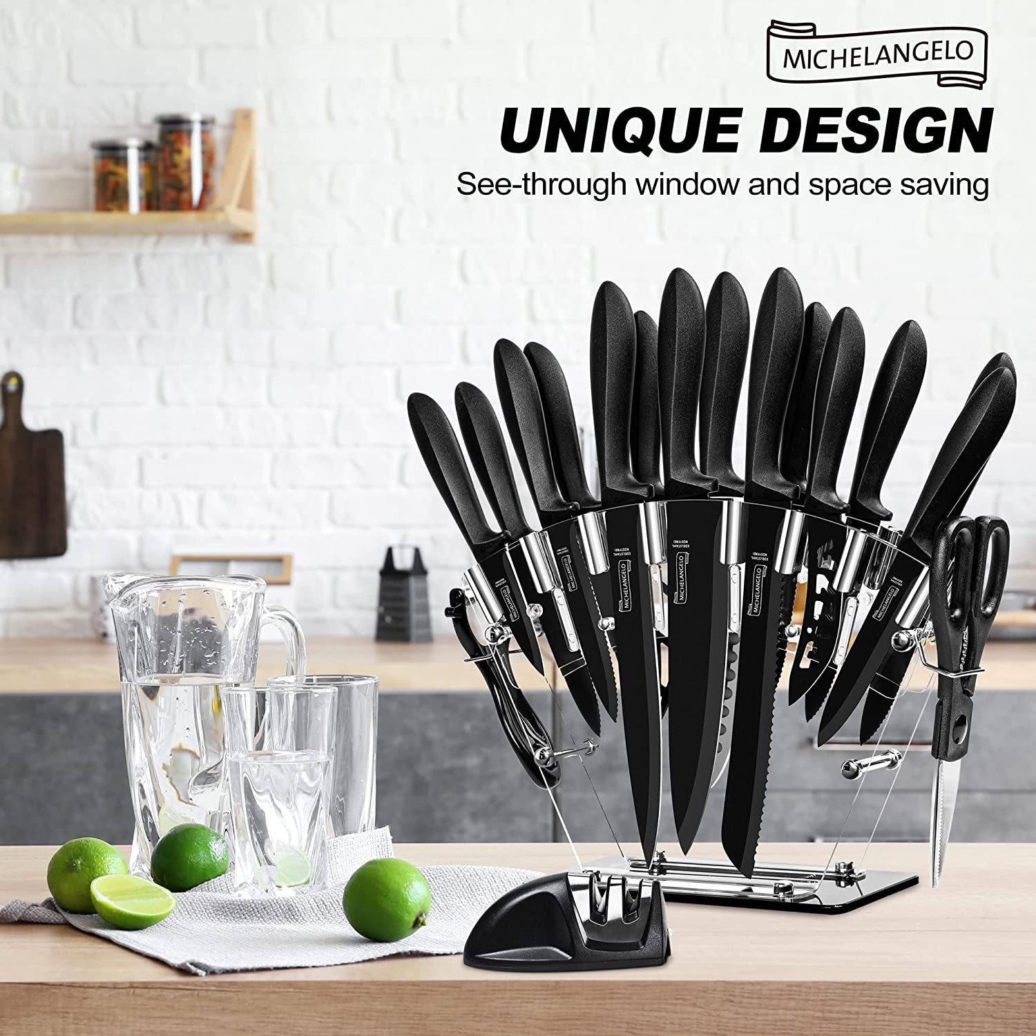 18Pc Kitchen Knife Set with Block, Super Sharp Black Knife Set, Versatile Chef Knife Set with Knife Sharpener & Peeler, Stainless Steel Knives for Kitchen, 6 Steak Knives Included