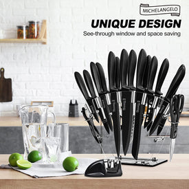 18Pc Kitchen Knife Set with Block, Super Sharp Black Knife Set, Versatile Chef Knife Set with Knife Sharpener & Peeler, Stainless Steel Knives for Kitchen, 6 Steak Knives Included