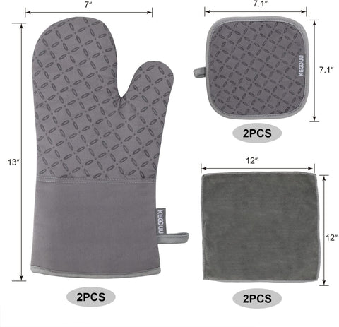 Image of Oven Mitts and Pot Holders 6Pcs Set, Kitchen Oven Glove High Heat Resistant 500 Degree Extra Long Oven Mitts and Potholder with Non-Slip Silicone Surface for Cooking (Grey)