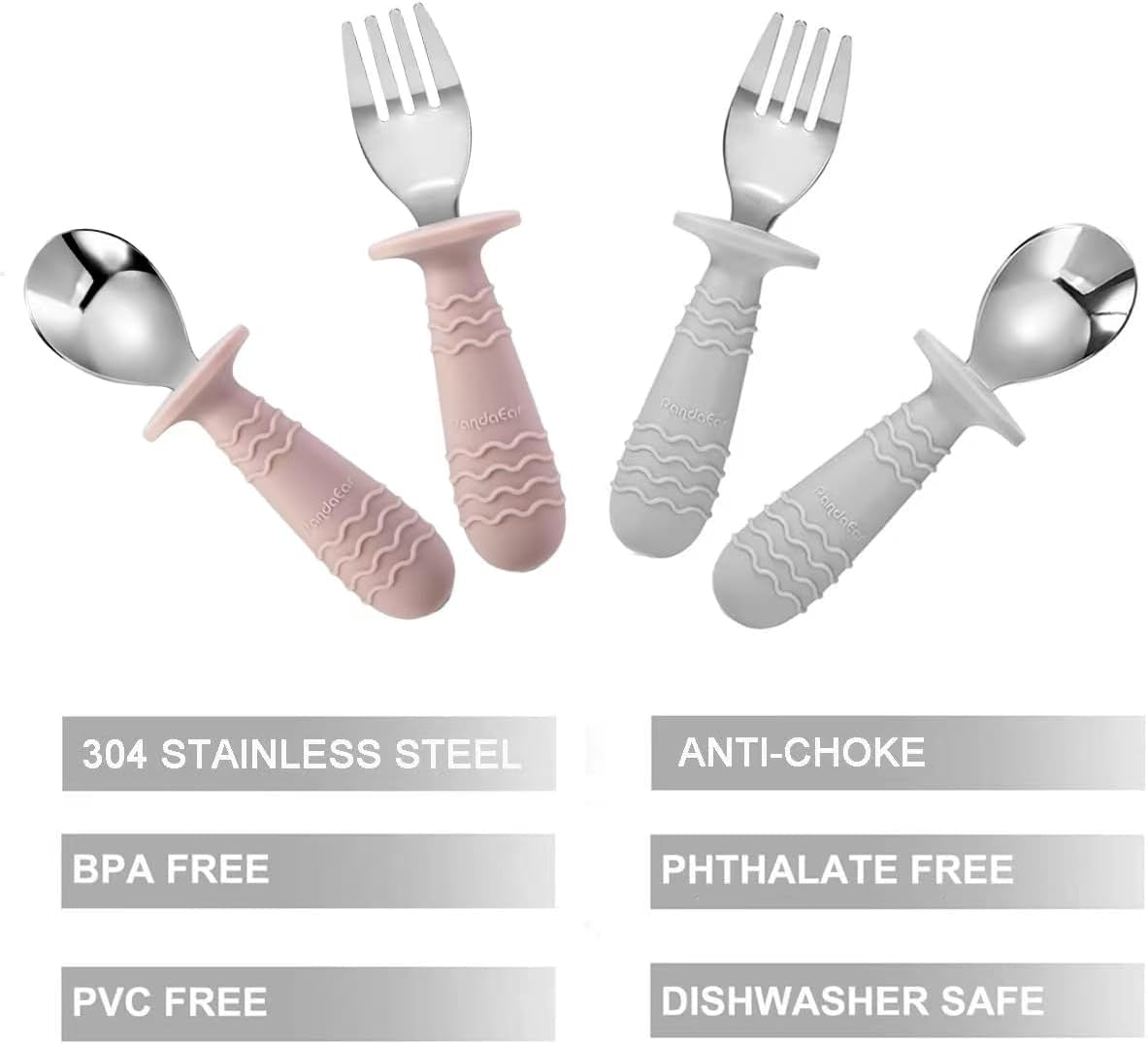 4 Set Baby Toddler Silicone Stainless Steel Utensils Silverware Spoon Fork for Baby Toddler BPA Free with Silicone Holding Anti-Choke Design (Pink&Grey)