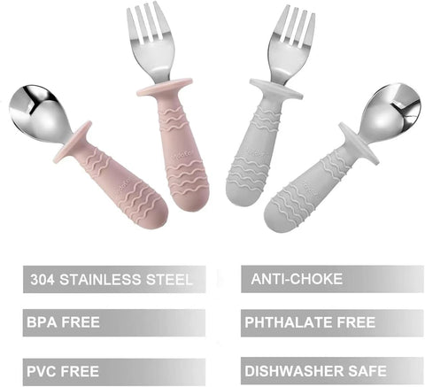 Image of 4 Set Baby Toddler Silicone Stainless Steel Utensils Silverware Spoon Fork for Baby Toddler BPA Free with Silicone Holding Anti-Choke Design (Pink&Grey)