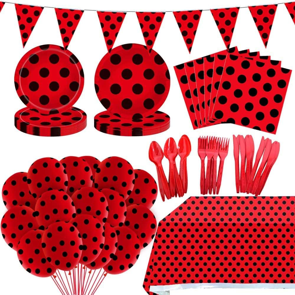 149Pcs Ladybug Decorations Party Supplies - Ladybug Party Tableware Plates Napkins Knives Forks Spoons, Banner, Red Black Dots Balloons, Tablecloth for Girls Boys Kids Birthday Decorations Serves 20