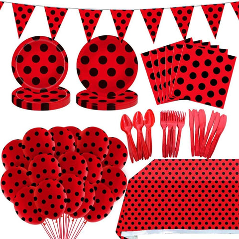 Image of 149Pcs Ladybug Decorations Party Supplies - Ladybug Party Tableware Plates Napkins Knives Forks Spoons, Banner, Red Black Dots Balloons, Tablecloth for Girls Boys Kids Birthday Decorations Serves 20
